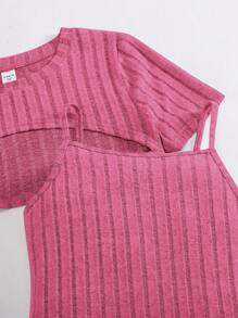 SHEIN Leap Crew 少女两件套：轻盈罗纹针织短款背心和迷你连衣裙，休闲百搭，浅灰色 - 粉色 - 查看 5