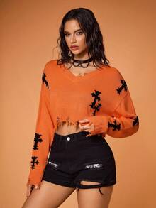 Shutterstock Y2Kool Women's Distressed Cross Jacquard Cropped Sexy Sweater, Orange Knit Top Suitable For Halloween Party, Back To School, Autumn/Winter Y2K Streetwear Casual Stylish Collection New Year - Orange - View 4