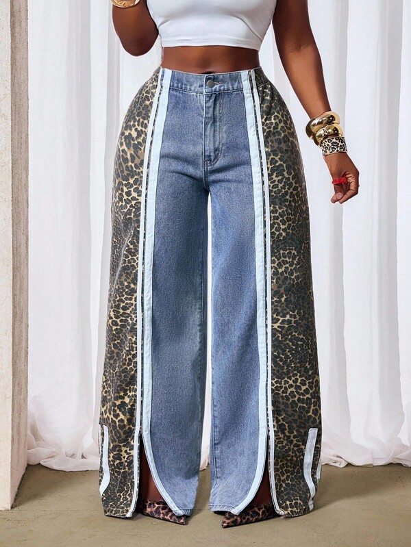 Slaydiva Damen Farbblock Leoparden Muster Weite Bein Jeans