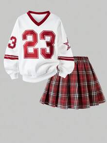 SHEIN ChillGRL 2 件套青少年女孩时尚图案印花 V 领羊毛运动衫和格子百褶裙，适合休闲外出，秋冬季 - 酒紅色 - 查看 3