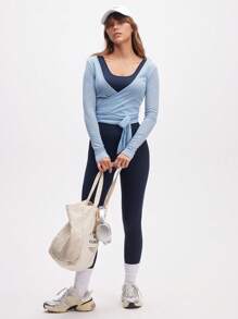 Eassivo Eassivo Women's Casual Lightweight Textured Tie-Front Long Sleeve Sports T-Shirt, Versatile For All Seasons Wrap Top Yoga Top Blue Activewear Top Light Blue Wrap Top Workout Top - Baby Blue - View 7