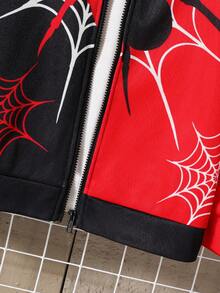 SHEIN 儿童/青少年男孩休闲街头蜘蛛网和蜘蛛印花连帽拉链厚针织夹克，适合通勤、上学、休闲、旅行、运动、春夏秋冬、万圣节 - 紅色 - 查看 7