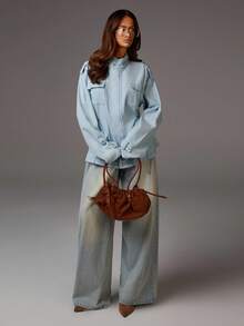 Athîral Women's Casual Fashion Street Style Flap Pocket Stand Collar Denim Jacket Autumn Long Sleeve Light Blue Jacket Women - Blue - View 4