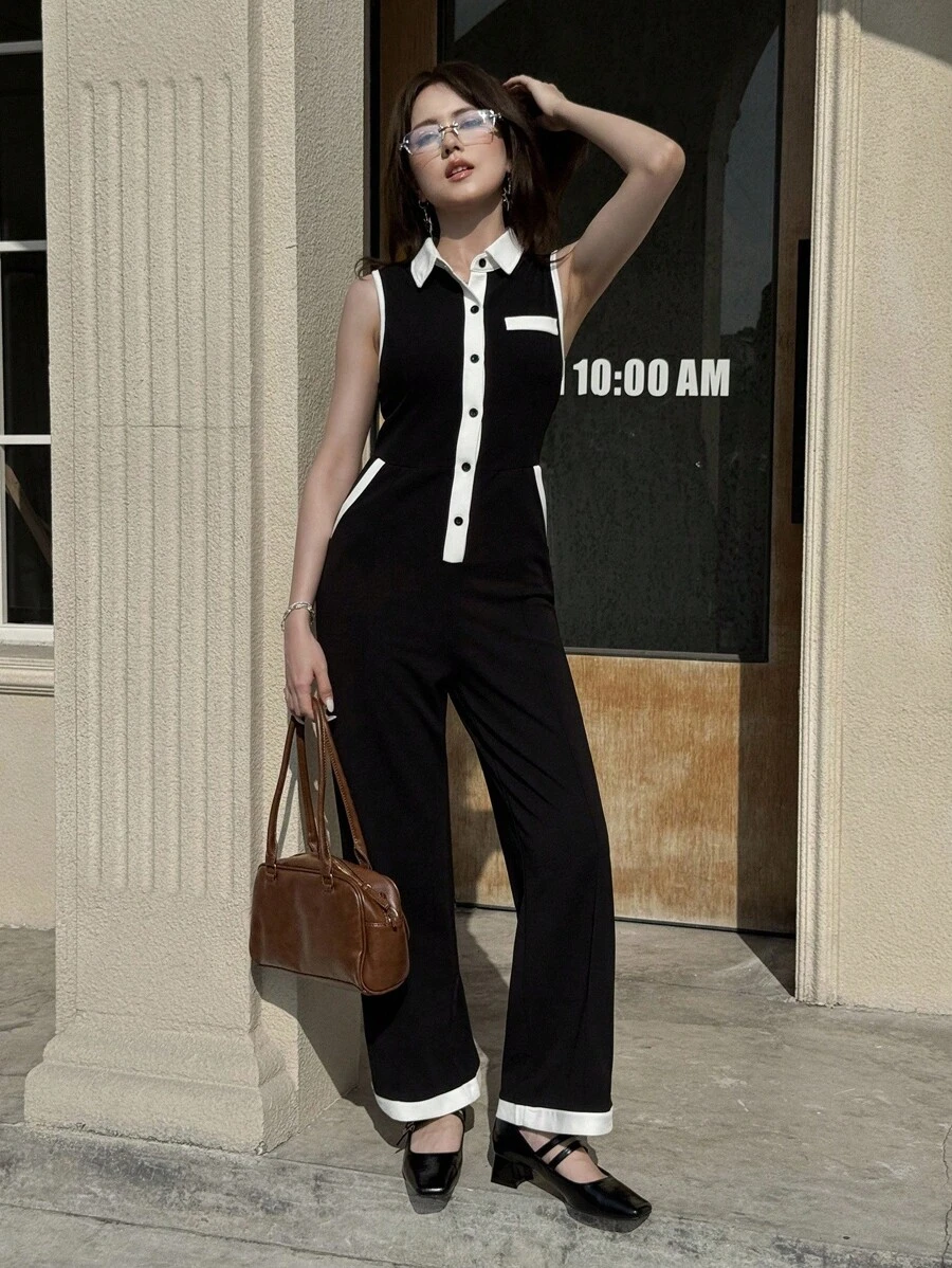 少女夏季休闲撞色装饰纽扣半开襟连体裤 - 黑色 - 查看 1