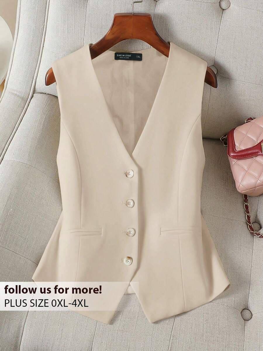CosyJoli Women Plus Size Minimalist Button Front Suit Vest, Commute Casual In Fall/Winter - Apricot - View 1