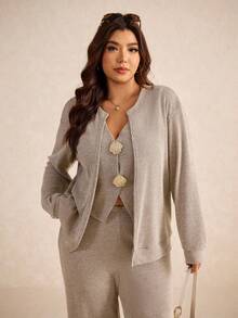 Elaquor Completo casual da donna taglie forti, composto da giacca a maniche lunghe monocolore, gilet con decorazione in metallo e pantaloni