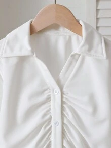 Tween Girl Korean Style V-Neck Pleated Long Sleeve Waist Shirt, Stylish & Versatile, Suitable For Commuting, Vacation, Spring & Autumn - White - View 7