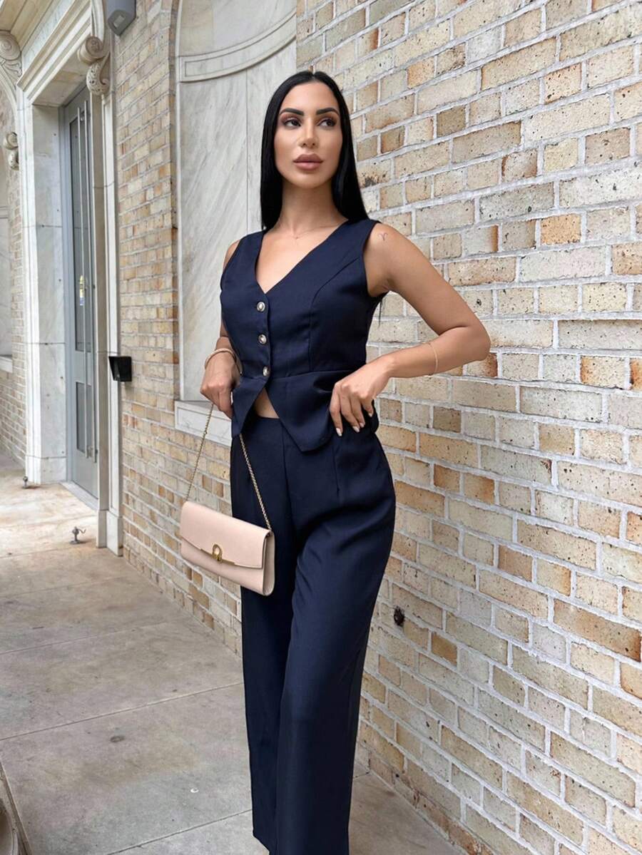 Carolina Barros 1 Set Women Elegant Sleeveless Blazer Vest And Suit Pants, Business/Office Wear, Summer - Navy Blue - View 1