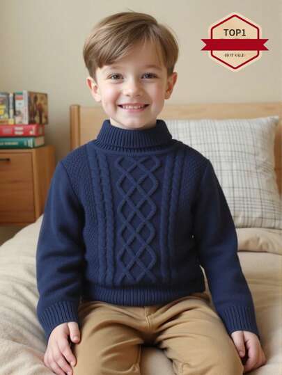 SHEIN Suéter de cuello alto azul real versátil y sencillo para niños pequeños, apropiado para ir a la escuela, uso diario y tiempo libre. Suéter de cuello de tortuga a rayas de manga larga, tejido, súper cómodo y versátil, con forro térmico, adecuado para volver a la escuela, uniformes escolares, jardín de infantes, fiestas de cumpleaños, fiestas de noche, actuaciones y bodas.