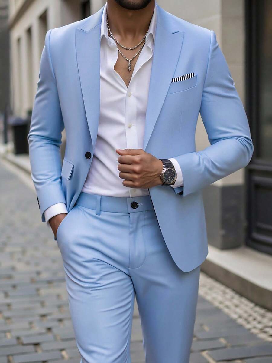 Manfinity Mode Men's Solid Color Jacket And Pants Suit Baby Blue Formal Suit For Men With Lapel Blazer And Tailored Pants Men's Regular Fit Baby Blue Suit With Long Sleeve Blazer And Classic Design Baby Blue Men's Suit For Business Meetings With Plain Fabric And Zipper Details Men Light Blue Suit Light Blue Two Pieces Suit, Old Money Style - Baby Blue - View 1