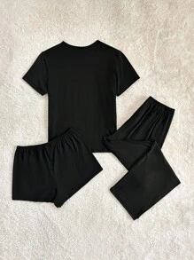 Cute Cat Print 3-Piece Pajama Set With Shorts - Black - View 2