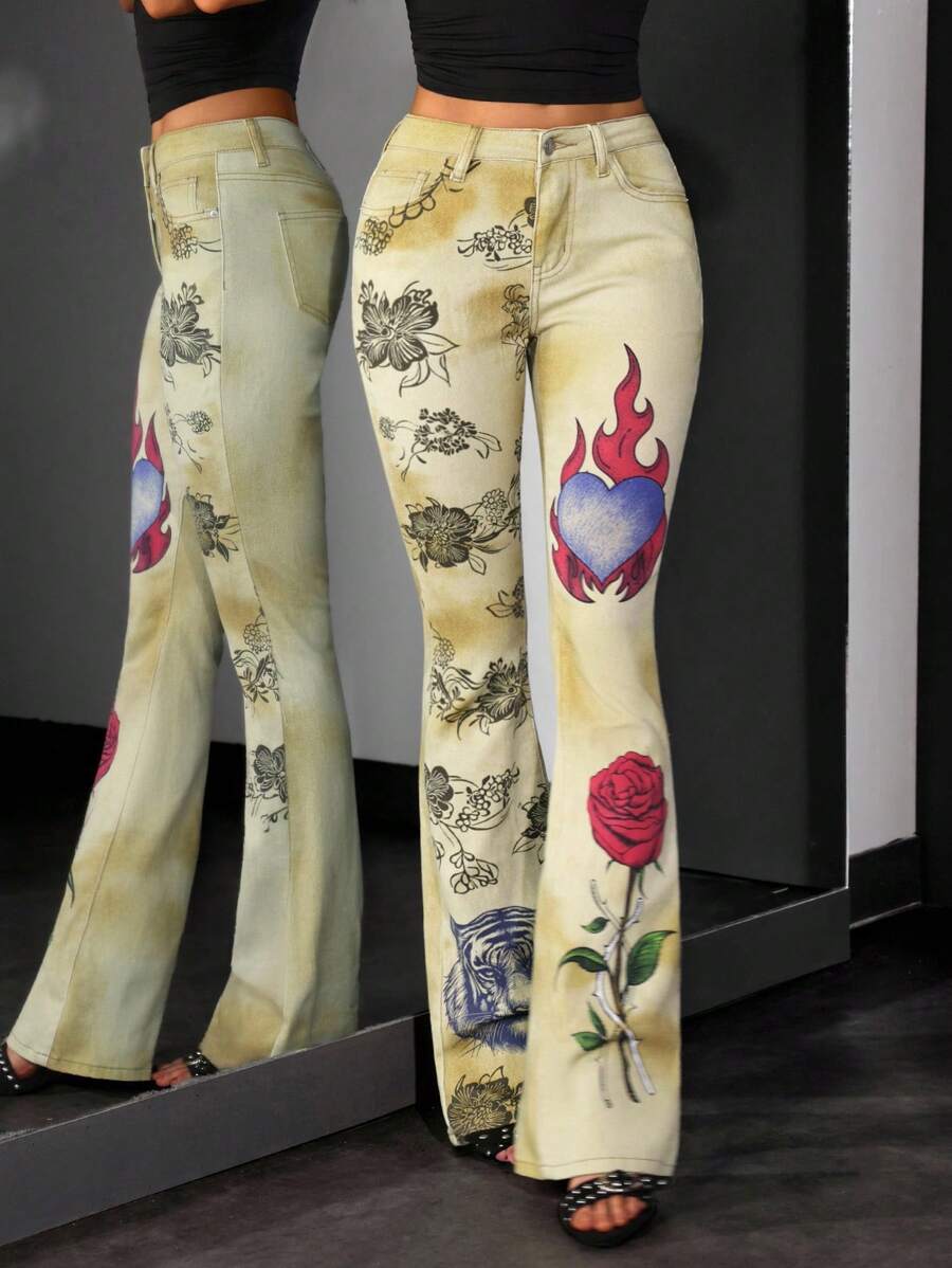 SHEIN Unity 大码复古花卉印花低腰修身喇叭牛仔裤 - 彩色 - 查看 1