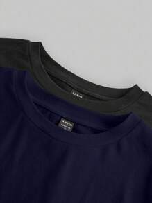 SHEIN EZwear 2 件女式黑色和海军蓝圆领休闲修身长袖 T 恤套装，适合秋冬季 - 彩色 - 查看 7