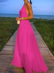 INAWLY Women's Fashion Casual Elegant Sexy Romantic Backless Halter Sleeveless Dress, Suitable For Vacation - Hot Pink - View 1