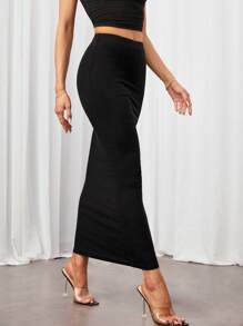 SHEIN Tall Solid Pencil Black Bodycon Skirt - Black - View 6