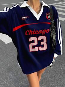 Muchica 女士休闲撞色 Polo 领长袖宽松 T 恤，适合秋冬季节、运动赛事，皇家蓝，适合球赛、篮球赛，23 号，秋季上衣，Y2k 超大款球衣，Y2k 球衣，韩版时尚女式球衣