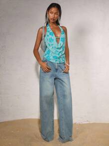 SHEIN BAE Quần áo mùa hè cho phụ nữ Áo hở vai thêu sequin màu xanh lam dành cho phụ nữ/Áo mùa hè - Màu xanh lam - Xem 4