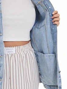 Solavibe Plus Size Women's Casual Loose Fit Drop Shoulder Long Sleeve Denim Jacket, Spring Autumn - Light Wash - View 6