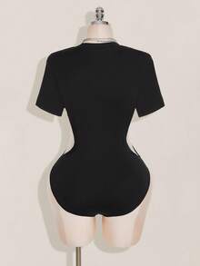 SHEIN ICON 加大码 Y2K Baddie 女款黑色高弹镂空轻薄无缝针织连体衣 - 黑色 - 查看 2