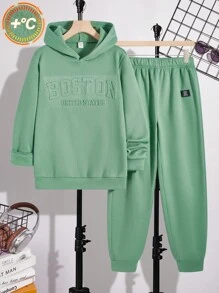 SHEIN 2 Piece Set  Teen Boy's Leisure Sports College Art Retro Hooded Sweater And Pants Set With Three-Dimensional Printing Suitable For Teen Boy Outfits Toddler Boy Clothes Back To School Boys Set Suitable For Birthday Parties, Parties, Performances, Weddings, Baptisms, Opening Ceremony Daily Suitable For Daily Use Suitable For School Suitable For Travel Suitable For Sports Suitable For Autumn And Winter Seasons Suitable Sweatpants Set Joggers Sweat Pants Boys Outfit Sets Track Pants Kids Boy Fall - Green - View 5