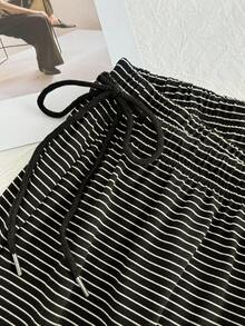Comfortcana Plus Size Black & White Striped Casual Drawstring Pants, Autumn/Winter Stripe Pants - Black and White - View 6