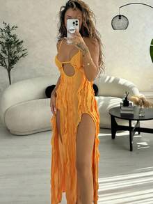 RebeccaVibe Women's Vacation Solid Color Ruffle Hem Split High Low Cami Dress