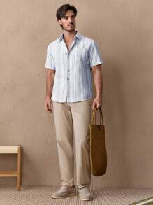 HIMLAND 男士梭织条纹修身短袖休闲衬衫，适合夏季 - 藍白色 - 查看 2