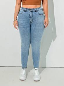 EURMUSE 高腰紧身大码浅蓝色牛仔裤