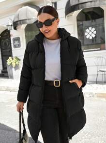 EURMUSE Plus Size Solid Color Long Hooded Winter Coat - Black - View 5