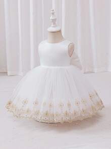 Glamorique Kids 女嬰公主洋裝，白色金屬色夏季優雅花朵網紗，刺繡蕾絲下擺，大蝴蝶結，婚禮新娘派對、訂婚派對穿著 - 白色 - 查看 4