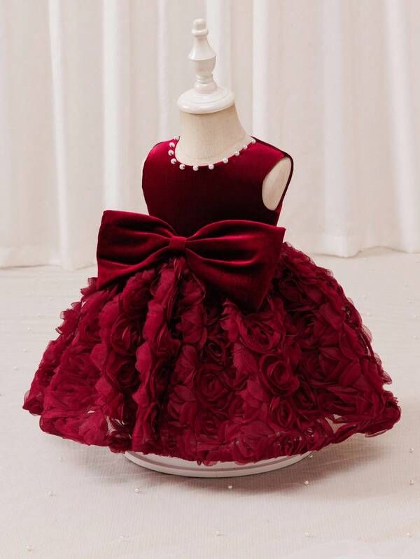 Glamorique Kids Vestido bordado con rosas 3D para niñas bebé, para Navidad y Halloween, con decoración de moño y cuentas, atuendo para fiestas y actuaciones infantiles