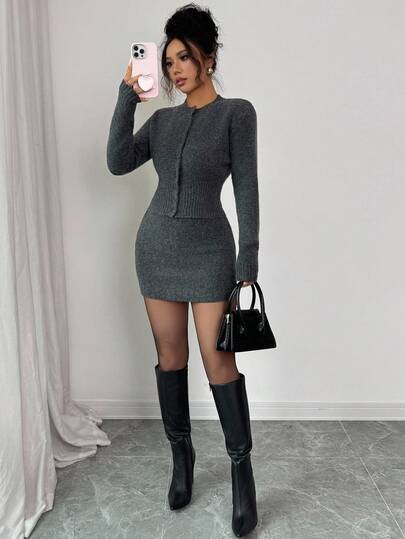 Elenzga 2 Pieces Set Dark Gray Waist Shaping Bodycon Slim Sweater Dress For Women, Autumn/Winter Fall Cloth For Women