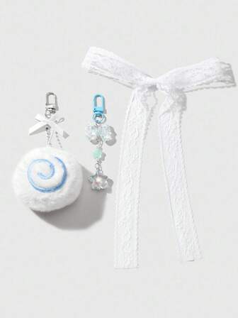 Kawaii 3 pezzi Set combo minimalista, carino e versatile, composto da 3 decorazioni in resina a forma di pesce, torta, fiocco e stella in morbido peluche blu di alta qualità + fascia per capelli in pizzo bianco da 80 cm, adatto per donne, uso quotidiano, regalo per le vacanze