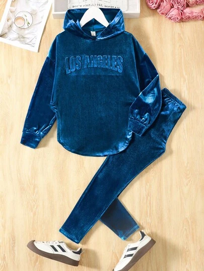SHEIN Tween Girl Casual Elegant Velvet Embossed Slogan English Graphic Hoodie Loose Drop Shoulder Pullover Top And Leggings Set Fall Winter