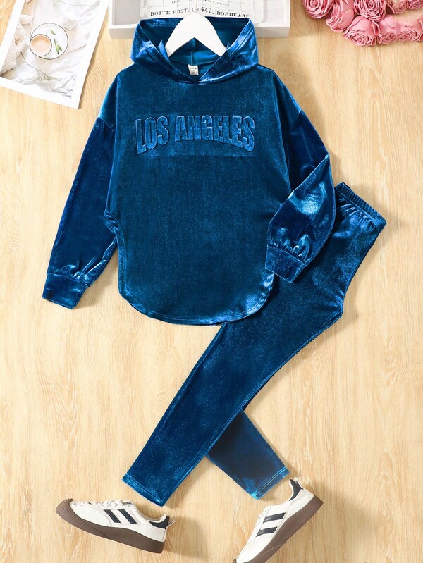 SHEIN Tween Girl Casual Elegant Velvet Embossed Slogan English Graphic Hoodie Loose Drop Shoulder Pullover Top And Leggings Set Fall Winter