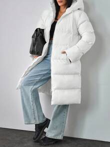EURMUSE Damska długa biała kurtka puchowa z kapturem, swobodna odzież wierzchnia zapinana na zamek błyskawiczny - Biały - Zobacz 6