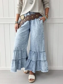 EMERY ROSE Quần Jeans Ống Rộng Lưng Thun Co Giãn Thường Ngày Cho Nữ - Rửa nhẹ - Xem 1