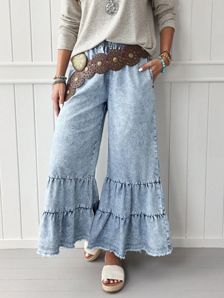 EMERY ROSE Quần Jeans Ống Rộng Lưng Thun Co Giãn Thường Ngày Cho Nữ - Rửa nhẹ - Xem 1