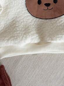 SHEIN 婴幼儿男童秋季可爱小熊刺绣羊毛连帽夹克上衣和罗纹长裤套装 - 白色 - 查看 7