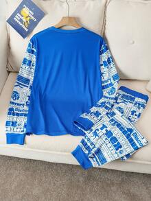 Discovery X SHEIN Men's Dinosaur & Letter Print Long Sleeve Top And Pants Pajama Set, Spring/Autumn, Fall Clothes - Blue and White - View 2