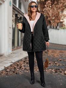SHEIN Clasi Plus Size Women's Daily Black Contrast Pink Thick Plush Lining Hooded Long Sleeve Casual Quilted Coat, Thermal Lined To Keep Warm And Cold,Comfortable And Warm From The Cold,2025 New,Winter,Vintage,Going Out,Fall,Winter,Fall, Office,Fall,Classy,Fall,Halloween Costumes,Old Money Style - Black - View 6