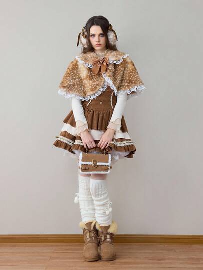 ROMWE Avant Women's Vintage Mori Style Mori Kei Cottagecore Retro Deer Pattern Fluffy Peter Pan Collar Lace Patchwork Ribbon Bow Cloak Jacket