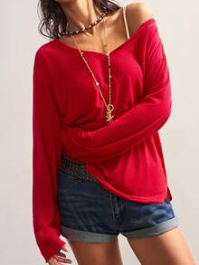 Bohemela 女式休闲纯色V领长袖宽松针织T恤，秋冬波西米亚风格 - 紅色 - 查看 5