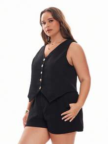 Solavibe Plus Size Solid Color V-Neck Sleeveless Casual Suit Vest And Pocketed Short Suit Two-Piece Set Short Sets Summer