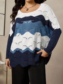 Zelara Plus Size Casual Colorblock Round Neck Bating Sleeve Sweater, Autumn/Winter Women Sweaters Pullover For Women Winter Fall For Women Women's Winter Sweater Office For Women,Suitable For Daily Wear, Holiday Elegant,Office Siren Style - Multicolor - View 2