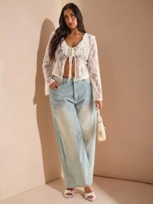 SHEIN BAE Áo cánh tay loe ren xếp nếp mỏng dài tay cỡ lớn cho nữ - trắng - Xem 8