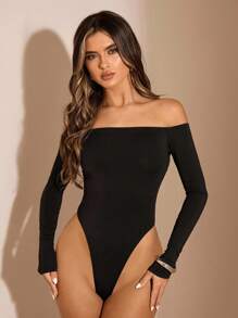 SHEIN BAE 1 件女士纯黑色露肩长袖露背紧身衣，优雅紧身衣，秋冬分层紧身衣 - 黑色 - 查看 2