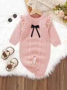 SHEIN Staubiges Rosa Herbst süßes Familien-Matching Baby Mädchen Strick-Romper modischer Jumpsuit mit Flügelärmeln und Schleifen-Dekor Langarm-Pullover-Outfits - Pink - Übersicht 5