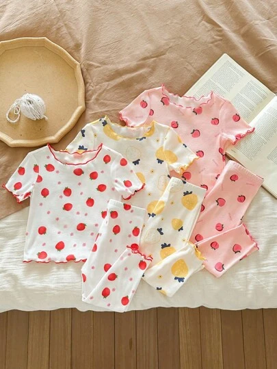 SHEIN LMoss Kids Conjunto de pijama de verano para niña bebé con estampado de frutas, cómodo y lindo