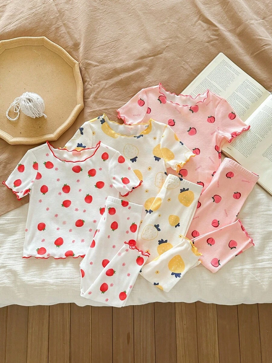 SHEIN LMoss Kids 女婴可爱舒适水果印花上衣和裤子睡衣套装，夏季 - 彩色 - 查看 1